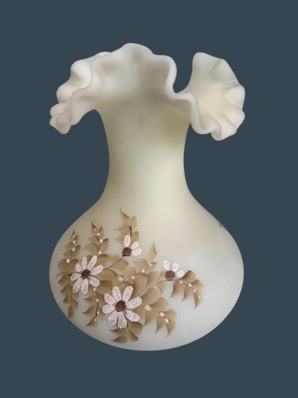 Vintage Fenton Custard Satin Uranium Glass Hand Painted Vase Alexis J Knopp UV